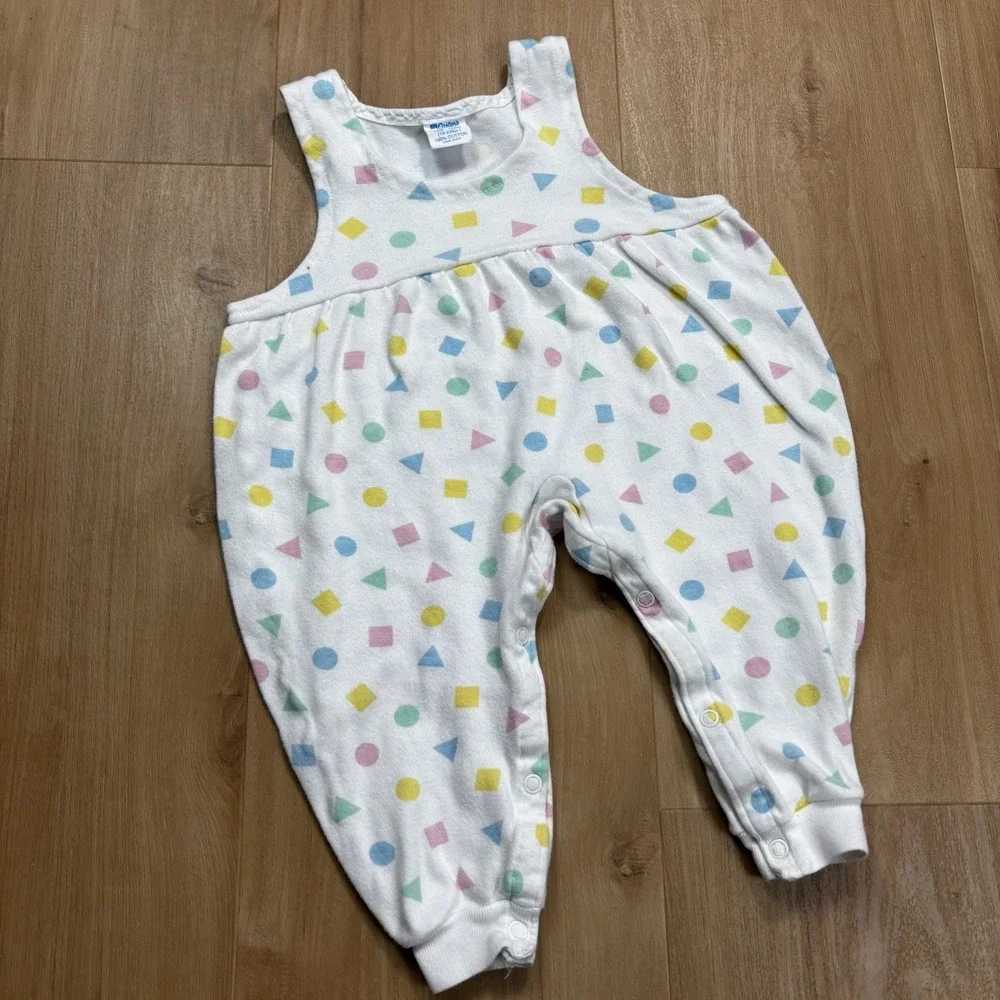 VTG Carters Baby Girl Bubble Romper 12 Month Shapes Colorblock Pastel 90s USA